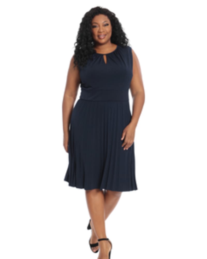 Front of a model wearing a size 14w Alice Pleated Skirt Dress in Dark Navy by London Times. | dia_product_style_image_id:268578